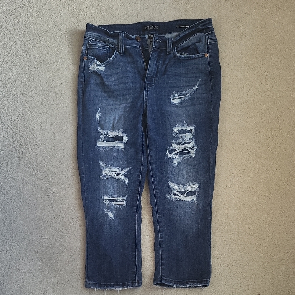 Judy Blue Ripped Cropped Jeans - Deep Blue
